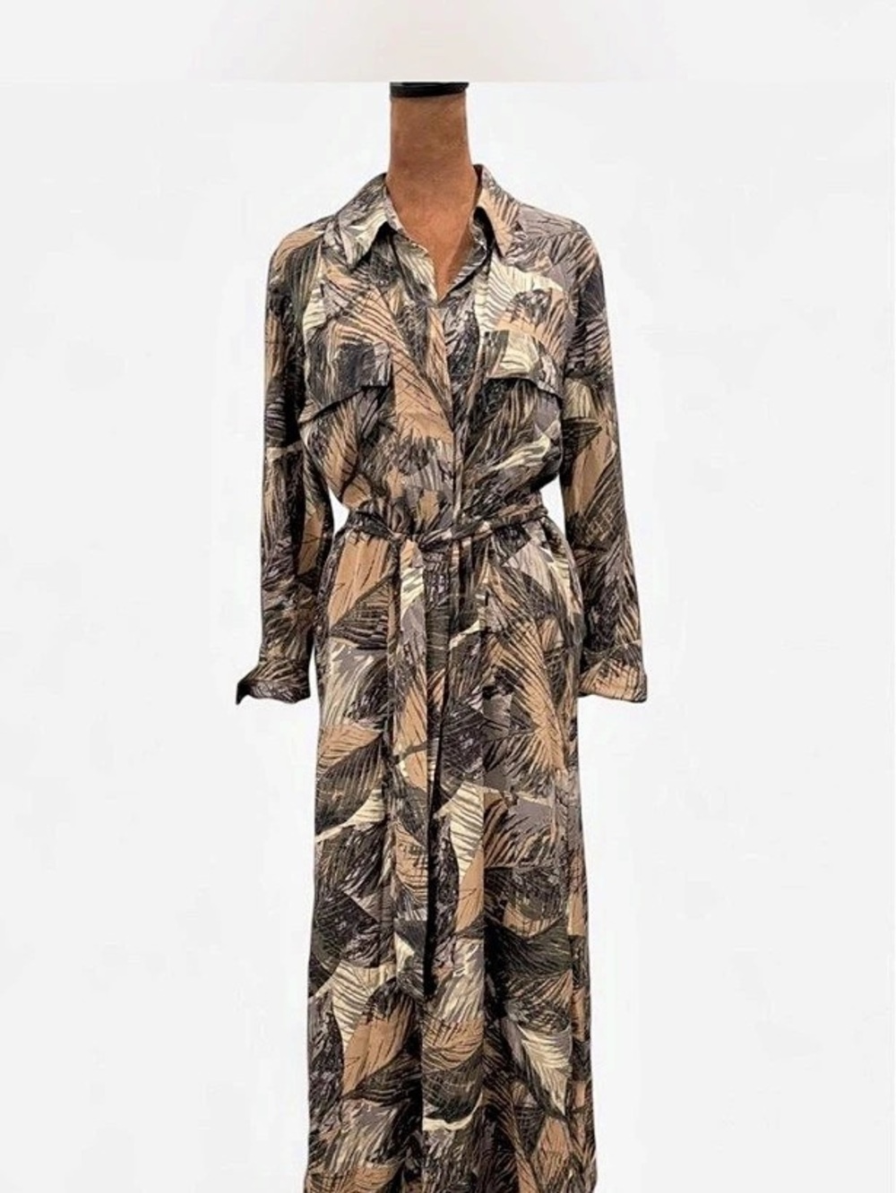 L’AGENCE Cameron Camo Palm Silk Maxi Shirt Dress with Belt S New Condition $825